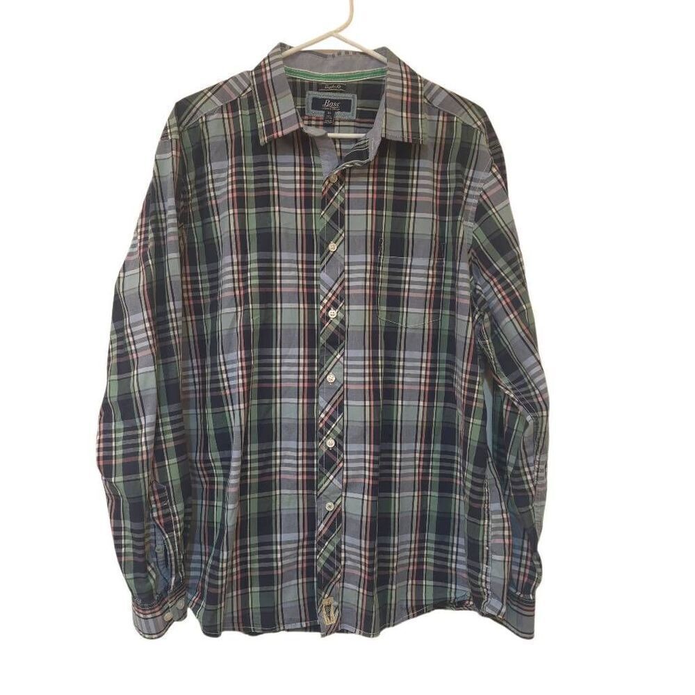 Bass Men's Navy & Pink Plaid Cotton Button Down Long Sleeve Regular Fit Shirt